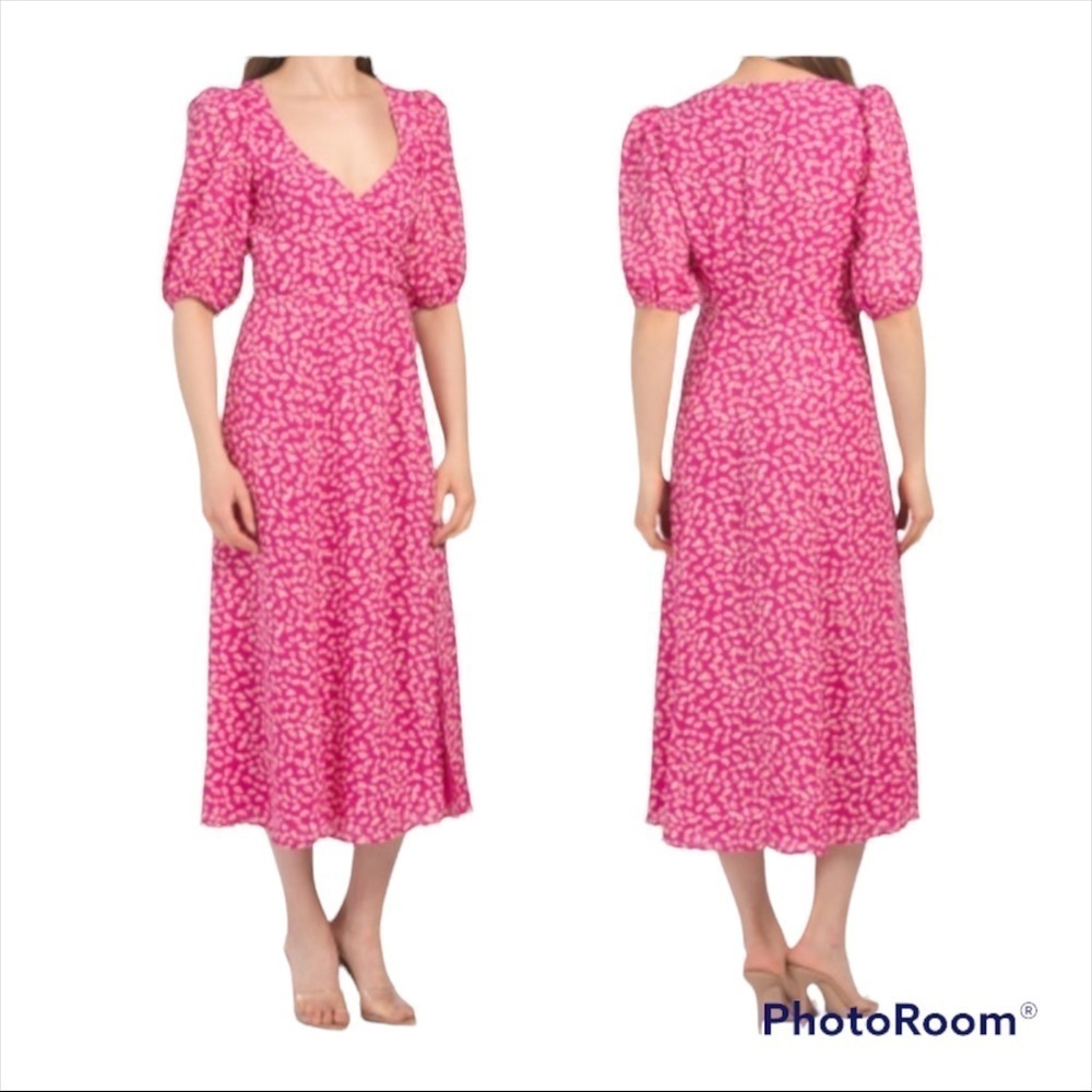 WAYF x Anthropologie Pink Daisy Puff Sleeve Midi Dress L | Spring Wedding Guest - Picture 9 of 13